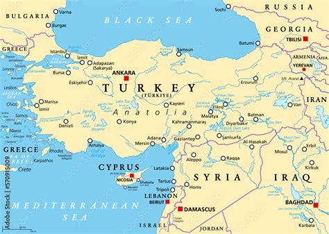 Turkey and Syria region, political map. Geographic area of the ...