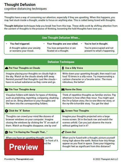 Thought Defusion Techniques (Worksheet) | Therapist Aid