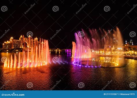 Dubai, UAE - Feb 5, 2020: Fountain at Dubai`s the Pointe at Palm ...