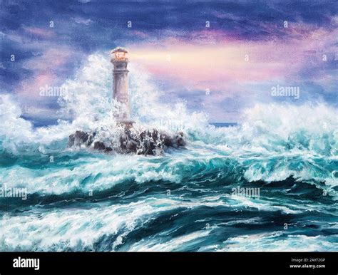 Original oil painting of lighthouse during storm on canvas.Purple ...