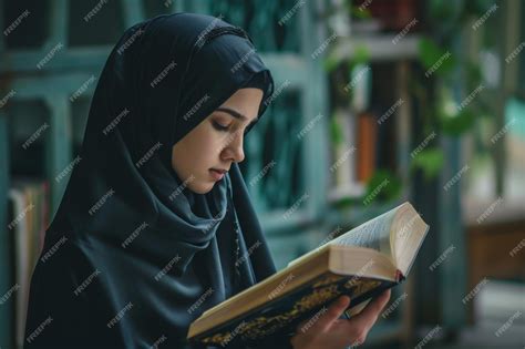 Premium Photo | A woman wearing a hijab engages in the act of reading a ...