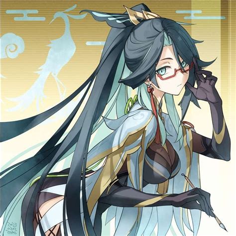 an anime character with long black hair and glasses