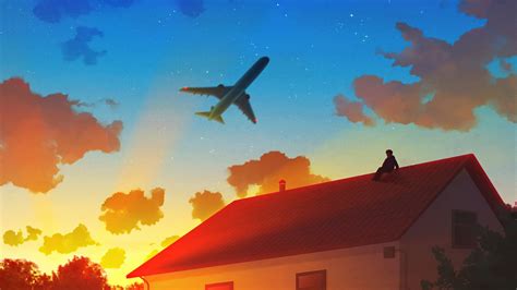 Download wallpaper 1366x768 flight over house, anime, original, tablet ...