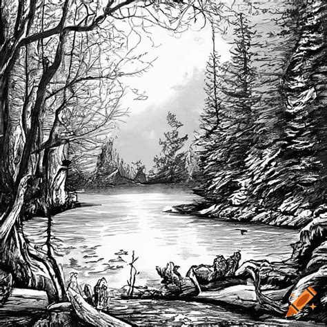 An old pencil drawing of a lake in the middle of the forest on Craiyon