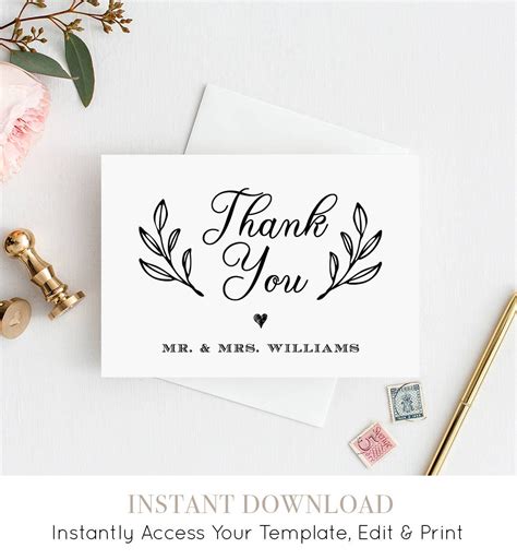 Thank You Card Template, Printable Rustic Wedding Thank You Note Card ...