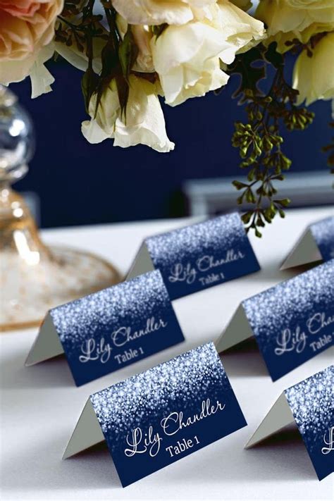 Silver Sparkle and Navy Wedding Place Card Tents, Place Cards, Avery ...