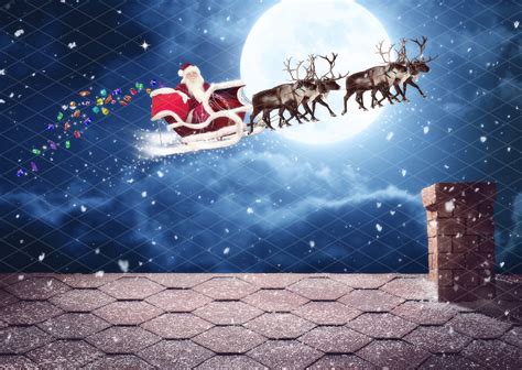 Christmas Santa Over the Roof Dropping Presents in the Snow Digital ...