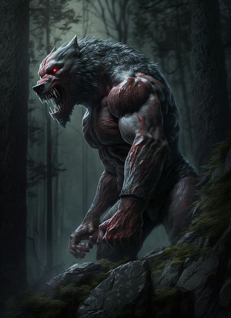 Premium AI Image | A werewolf with red eyes stands in a dark forest.