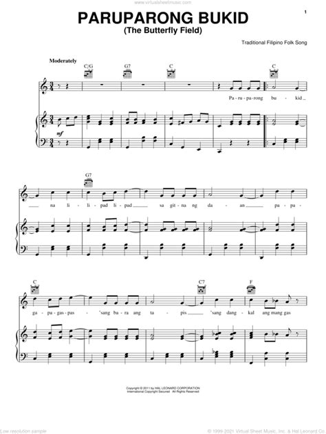 Paruparong Bukid (The Butterfly Field) sheet music for voice, piano or ...