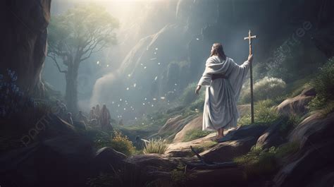 Jesus Is Walking In A Forest With A Cross Background, Easter Picture Of ...