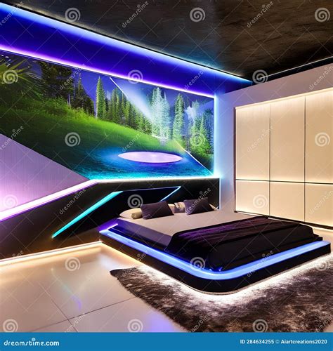 A Futuristic Bedroom with a Floating Bed, LED Accent Lighting, and a ...