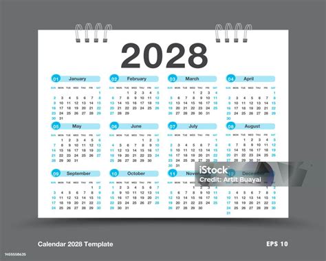 Calendar 2028 Year Vector Illustration Set Of 12 Months Week Starts On ...