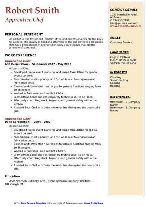 Apprentice Chef Resume Samples | QwikResume