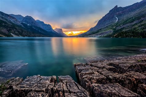 HD wallpaper mountain rock stones lake sunset saint mary lake glacier ...