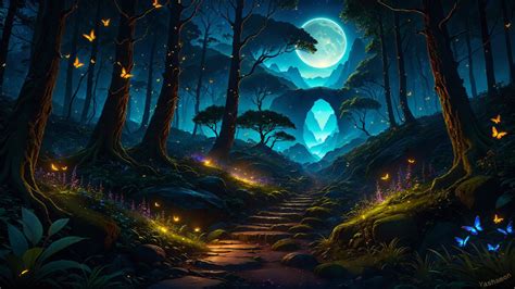 Magical forest Wallpaper 4K, Night, Butterflies, Moon, Glowing