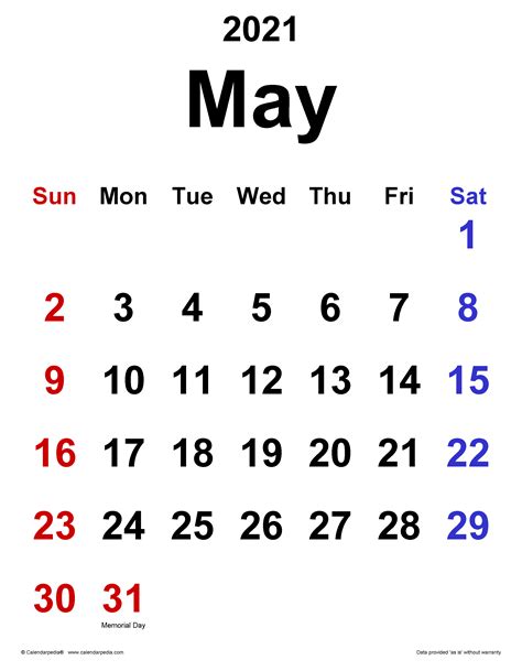 May 2021 Calendar Printable Vertical : May 2021 Calendar Free Printable ...