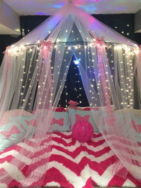 Girl's Sleepover Birthday Party Tent done with lights, tulle, ribbon ...