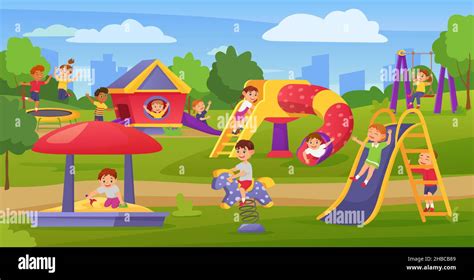 Cartoon kids playing on playground in summer park or kindergarten ...