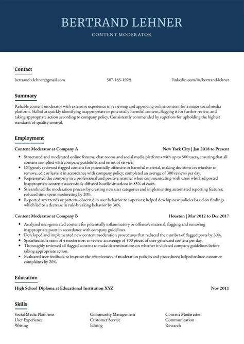 Content Moderator Resume (CV) Example and Writing Guide