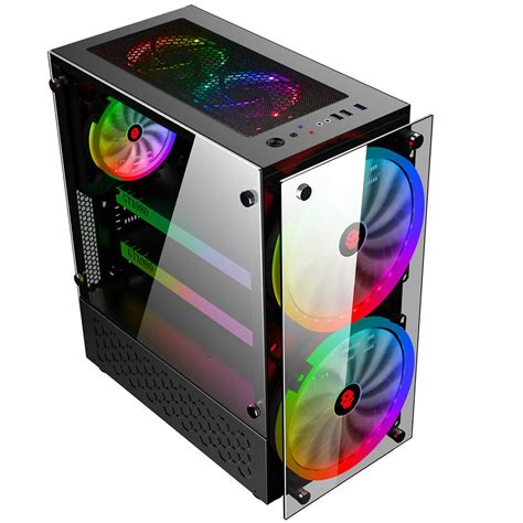 RGB Computer Case Double Side Tempered Glass Panels ATX Gaming Cooling ...