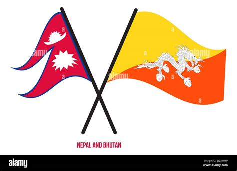 Nepal and Bhutan Flags Crossed And Waving Flat Style. Official ...