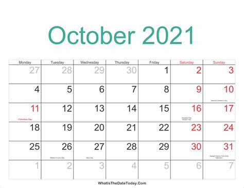 October 2021 Calendar Printable with Holidays | Whatisthedatetoday.Com