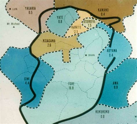 A map of the kuru region with prevalence of the disease in different ...