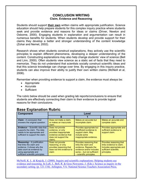 Claim Evidence Reasoning Rubric - Science - Miami