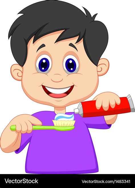 Kid cartoon squeezing tooth paste on a toothbrush Vector Image