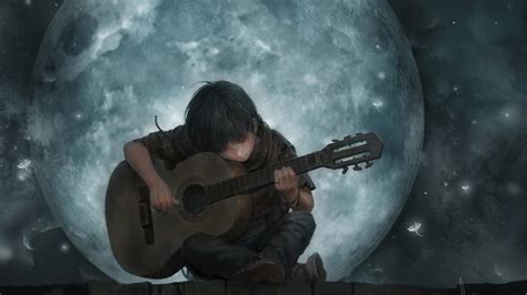 1920x1080 Resolution Little Boy On Full Moon Night Playing Guitar Art ...