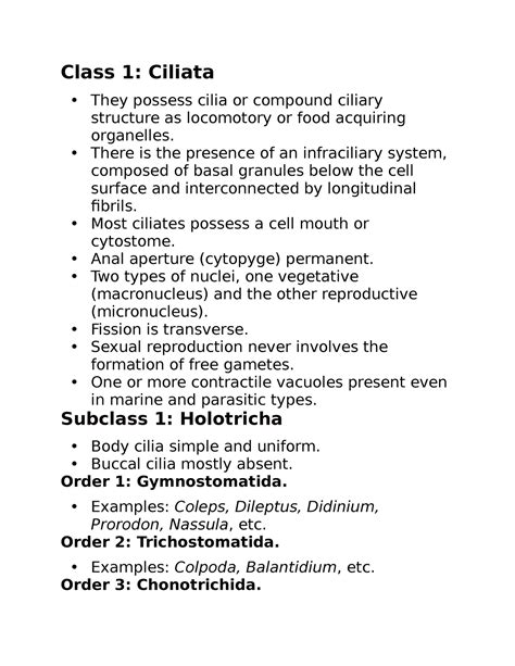 Bio 16 - notes - Class 1: Ciliata They possess cilia or compound ...