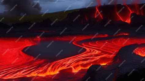 Premium AI Image | Lava flow with a volcano in the background