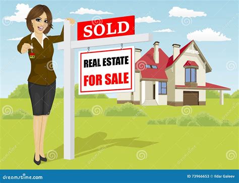 Female Real Estate Agent Standing Next To A Sold For Sale Sign Cartoon ...