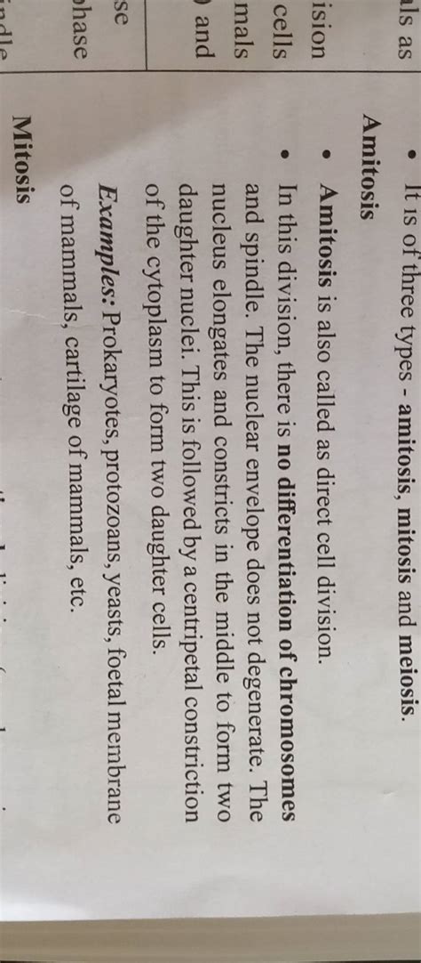 - It is of three types - amitosis, mitosis and meiosis. Amitosis - Amitos..