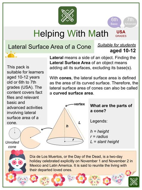 Lateral Surface Area of a Cone Day of the Dead Themed Math Worksheets