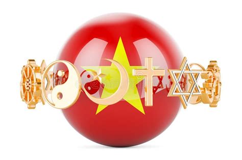 Vietnamese Flag Painted on Sphere with Religions Symbols Around, 3D ...