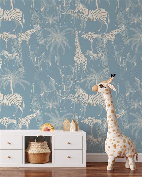 Blue Safari Animals Wallpaper Removable Self Adhesive Jungle Animals ...