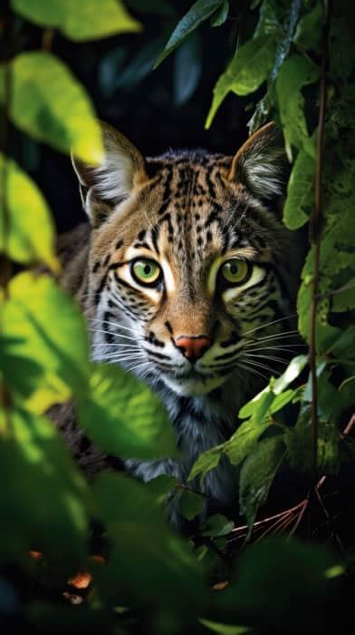 The glowing eyes of a bobcat half-hidden in dappled forest shade, its ...