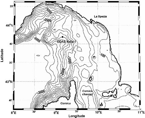 Map of the Ligurian Sea with the bathimetry. A dot marks the location ...