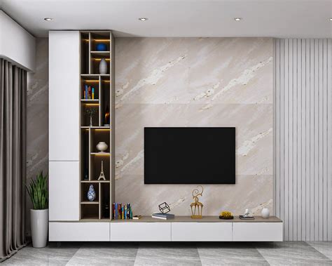 Modern TV Unit Design With Stone Textured Wallpaper | Livspace