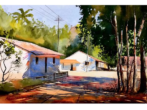 Village Life | Watercolor Painting by Abhijeet Bahadure | Exotic India Art