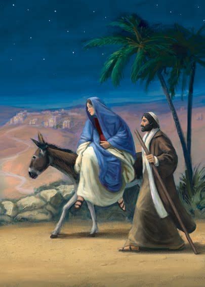 a painting of jesus riding on a donkey in the desert with a woman ...