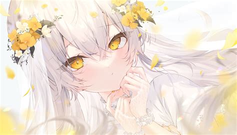 Anime Anime Girls Yellow Eyes White Hair Flower In Hair Wallpaper ...