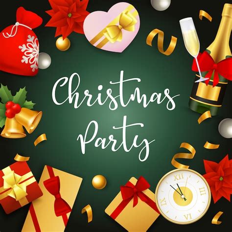 Free Vector | Christmas party banner with presents and ribbons on green ...