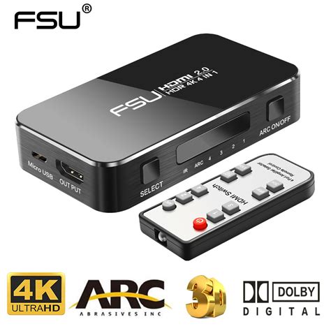 FSU HDMI Splitter 4 In 1 Out HDMI Switch Switcher 4K Adapter with 3.5mm ...