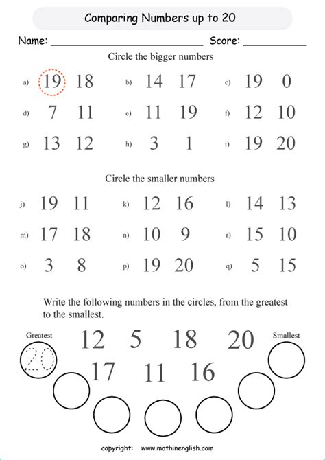 Compare numbers up to 20 grade 1 math worksheet for math tutoring and ...