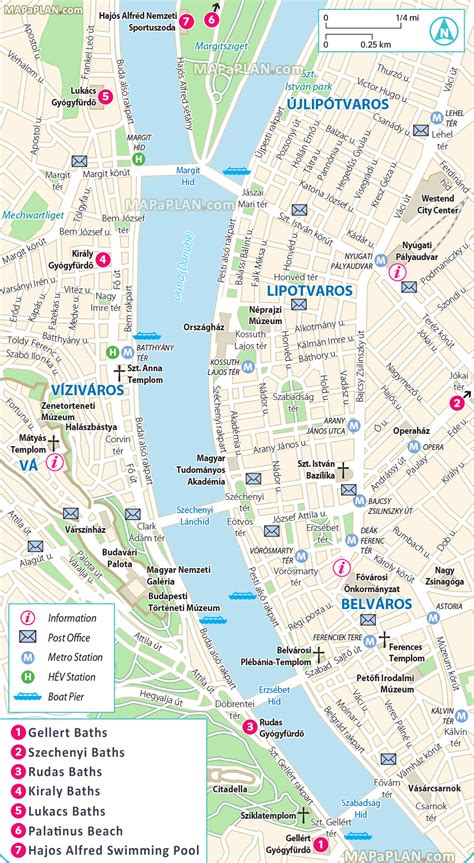 Budapest large scale map - Thermal turkish baths, spas, swimming pools ...