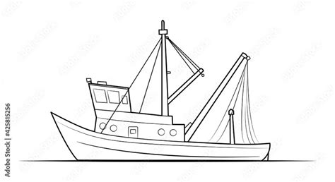 Fishing boat illustration - simple line art contour of small ship Stock ...