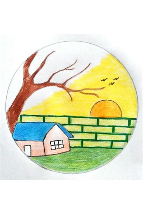 Village Scenery Drawing In Circle | Simple Circle Drawing | Rupar Rong ...