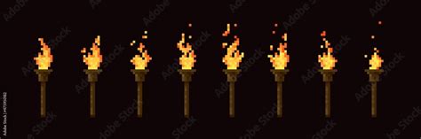 Cartoon pixelated torch fire flame animation of 8 bit pixel art game ...